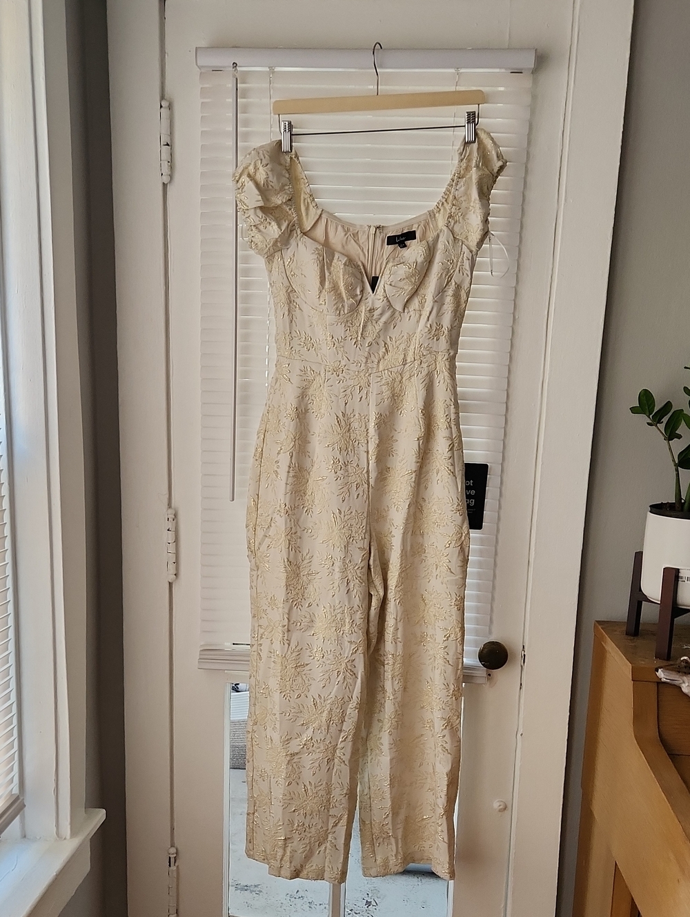 New Glam Cream Floral Jacquard Bustier Off-the-Shoulder Jumpsuit, Small